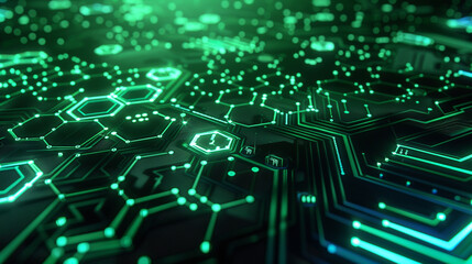 Obraz premium Neon green circuit with pulsating hexagons, an emerald digital forest.