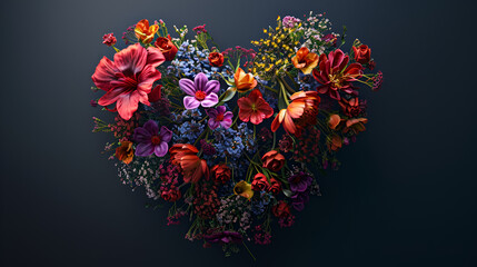 Abstract realistic illustrated colorful love heart made of flowers, generative Ai - obrazy, fototapety, plakaty