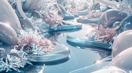 3D ice stream in tranquil blues and pinks, meanders through a metallic grove.