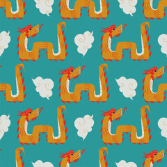 Vector seamless pattern with red japanese dragon and clouds. Textile, Background.