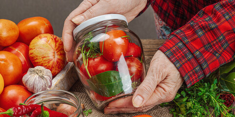 Preserved season vegetable concept. Harvest of tomato, chili, greens, onion and garlic