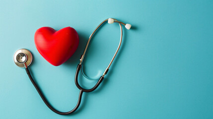 Fototapeta premium Global healthcare concept. Stylish doctor with heart on blue background. Close-up of red heart and stethoscope on a blue background. Listen to the heart with statoscope.