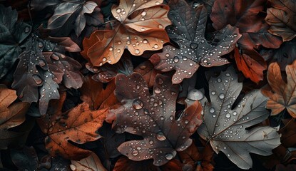 Leaves Covered in Water Droplets - obrazy, fototapety, plakaty