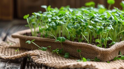 Naklejka premium Planting Microgreens Tray of Arugula Seeds on Jute Mat