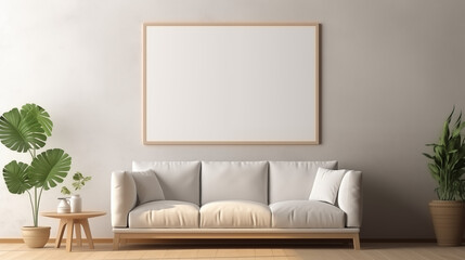 Stylish Interior with Sofa and Blank Canvas on Wall - obrazy, fototapety, plakaty