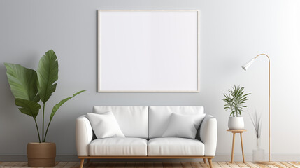 Modern Living Room with White Sofa and Empty Picture Frame