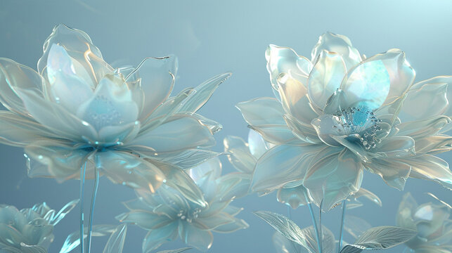 Translucent 3D flowers in moonstone hues catch light against a serene blue, hinting at mystique.