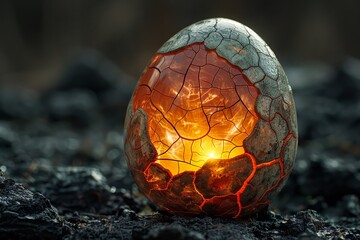Phoenix Eggs Crackle, rebirths cusp, twilight, shell fissures glowing with impending life, close up genesis, dim spark, immortality s nest  - obrazy, fototapety, plakaty