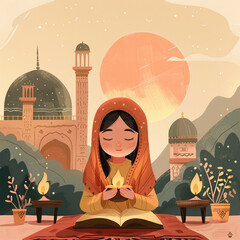 Celebrating Eid al-Adha Muslim holiday. Traditional square illustration. A girl in a scarf on her head is reading a book. Mosque with crescent and lanterns.