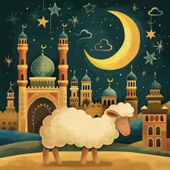 Celebrating Eid al-Adha Muslim holiday illustration. Traditional animal ram sheep. Mosque with crescent and lanterns.