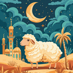 Celebrating Eid al-Adha Muslim holiday. Traditional sacrificial animal ram sheep . Mosque with crescent and lanterns.