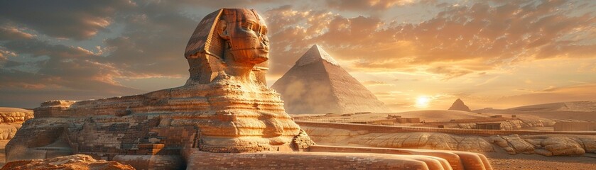 Sphinx s riddle, desert secret, sunrise, challenge of ancient wit, detailed query, morning mystery, enigmatic guardian - obrazy, fototapety, plakaty