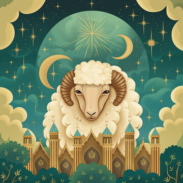 Celebrating Eid al-Adha Muslim holiday. Traditional animal sheep lamb ram. Mosque with crescent and lanterns.