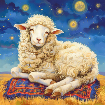 Celebrating Eid al-Adha Muslim holiday. Traditional sacrificial animal ram sheep lamb. Mosque with crescent and lanterns.
