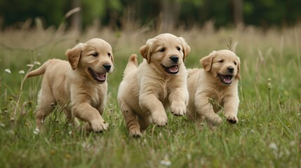 Golden retriever puppies frolicking in a meadow