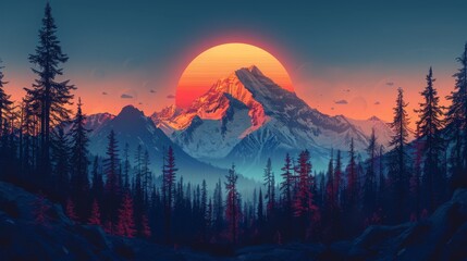 A beautiful landscape image of a mountain range at sunset. The sky is a deep orange and the sun is setting behind the mountains. The mountains are covered in snow. - obrazy, fototapety, plakaty