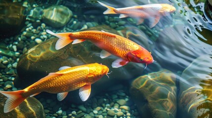 Obraz na płótnie Canvas Golden fish swimming in a clear koi pond