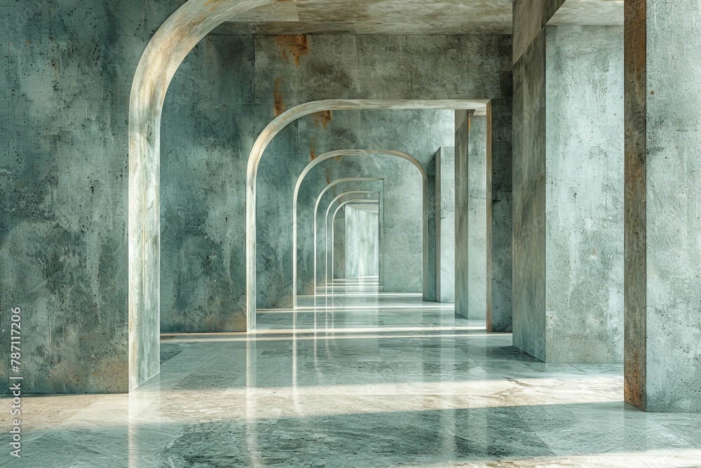 Poster a visually captivating image of a succession of arches forming a tunnel in a building with concrete 
