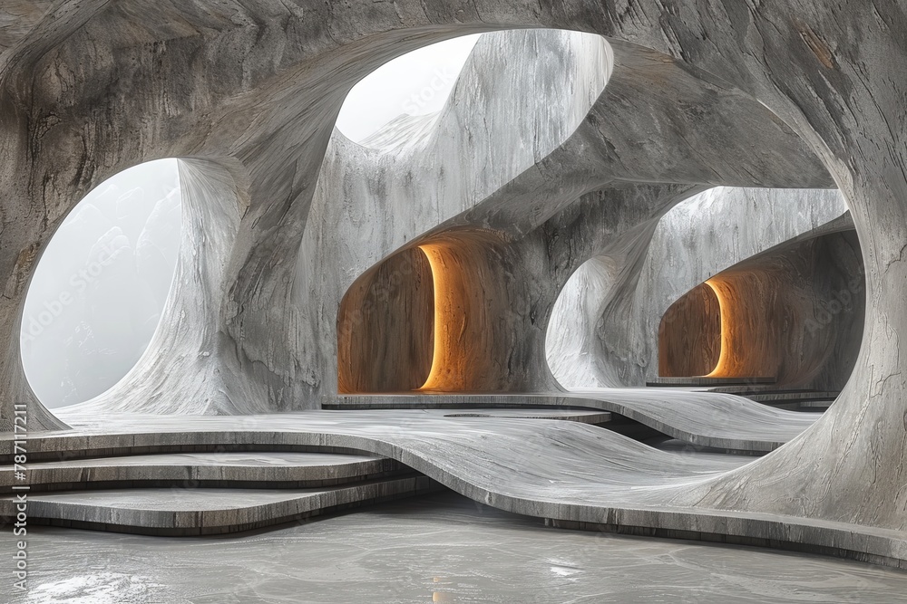 Poster a stunning image of a modern architectural design resembling a cave with smooth curves and orange li