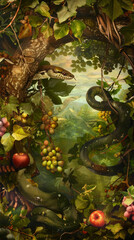 A serpent slithers through a lush garden filled with fruit and flowers.