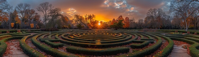 Fototapeta na wymiar Labyrinth garden, twisting paths, sunset, labyrinth exploration scene, high angle, soft shadows, mysterious journey 