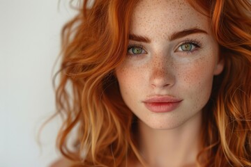 Detailed close-up of a beautiful young woman with striking ginger hair, green eyes and freckles, portraying natural beauty