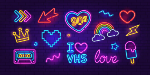 Vector Neon Sign set 3 on brick wall background. Editable neon icons set of retro video game 90s style, arrow set, Ice Cream, Rainbow,  VHS, audio cassette glowing light banner, emblem for club or bar