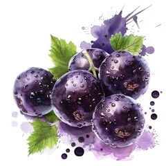 Vibrant watercolor blackcurrants burst with color and life