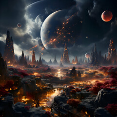Fantasy landscape with fantasy planet and moon. 3D illustration.