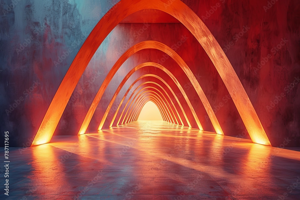 Poster stunning, visually captivating image showing a series of arches in a tunnel illuminated with warm, g