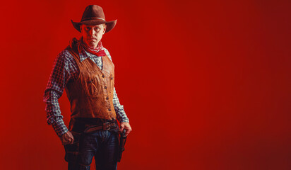 Cowboy with a pistol, guy in a cowboy hat with a gun. Western man with hat. Man wearing cowboy hat, gun. West, guns. Portrait of a cowboy