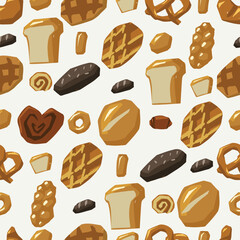 Seamless pattern of various bread types. Waffles, loaf, baguette, bun, pretzel, croissant and other baked goods. Vector food background. Bakery tiled illustration - 787117690