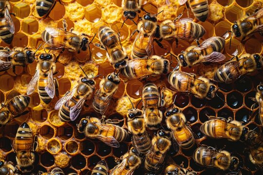 This image shows active honeybees on a honeycomb in a beehive, depicting the concept of teamwork and industry