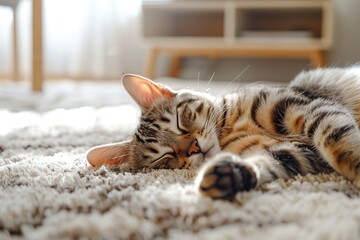 Serene cat with head tilted sleeping on a beige carpet at home