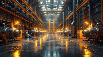 Factory floor with recycling machines and giant wind blades, aimed at carbon minimization in manufacturing - obrazy, fototapety, plakaty