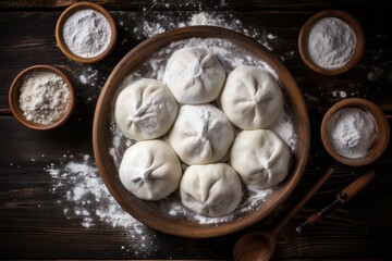 Molded raw dumplings lie on a wooden dish, close-up. Concept: cooking