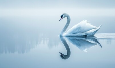 Obraz premium A graceful white swan glides on the tranquil lake reflecting soft blue tones