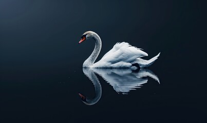 A beautiful white swan elegantly moves on tranquil water under dark blue light