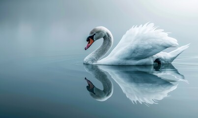 A graceful white swan glides on the tranquil lake reflecting soft blue tones