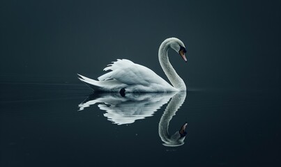 A beautiful white swan elegantly moves on tranquil water under dark blue light