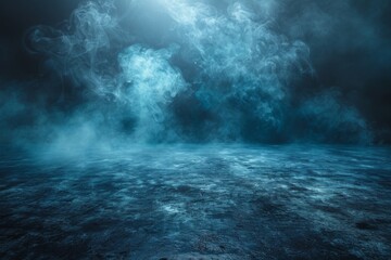 A haunting composition of swirling blue smoke over a desolate landscape of cracked earth, suggesting desolation and mystery