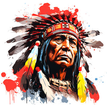 Colorful drawing of a red Indian tribe. Portrait of a red Indian, white background
