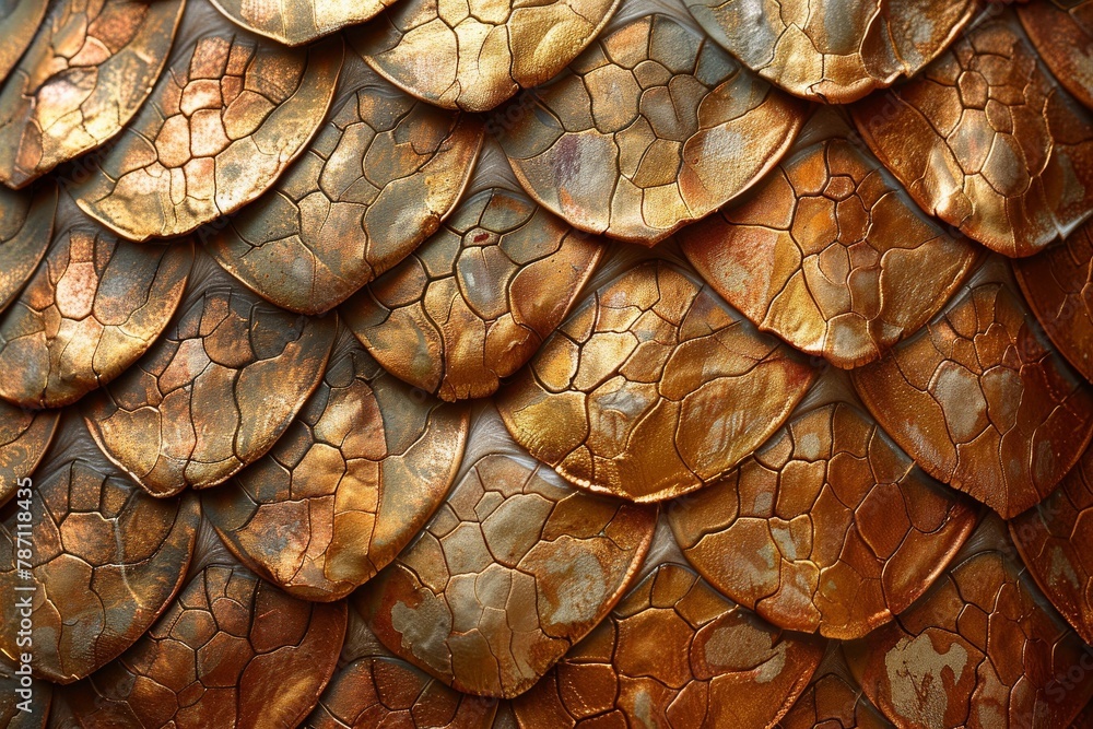 Poster a detailed image showcasing the intricate pattern and textures of a surface resembling golden scales