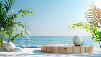 Summer product display on wooden podium at sea 