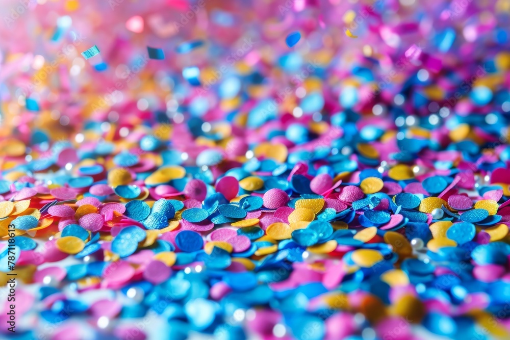 Poster the image showcases a close-up view of vivid, multicolored confetti scattered across a surface, emph