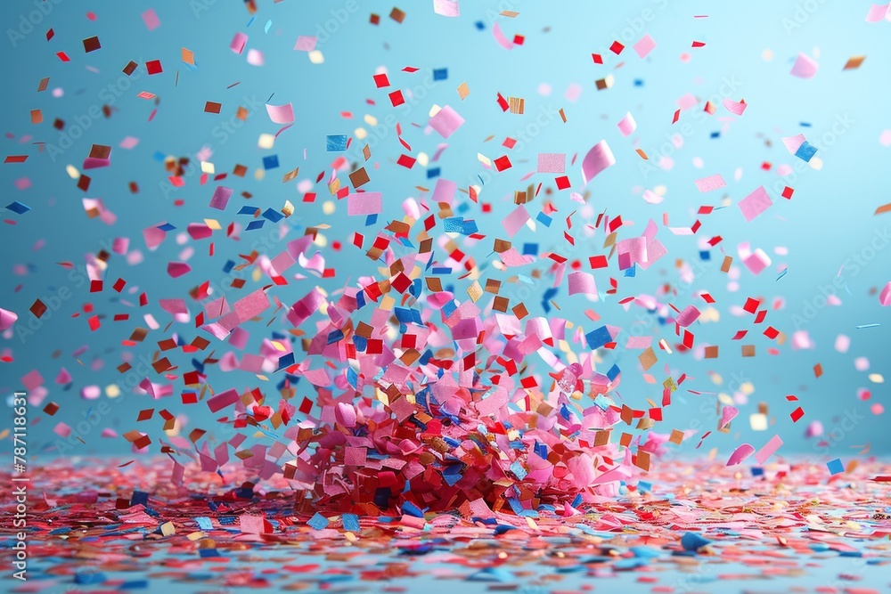 Poster a dynamic image capturing the movement of exploding confetti in various shades of red and pink again