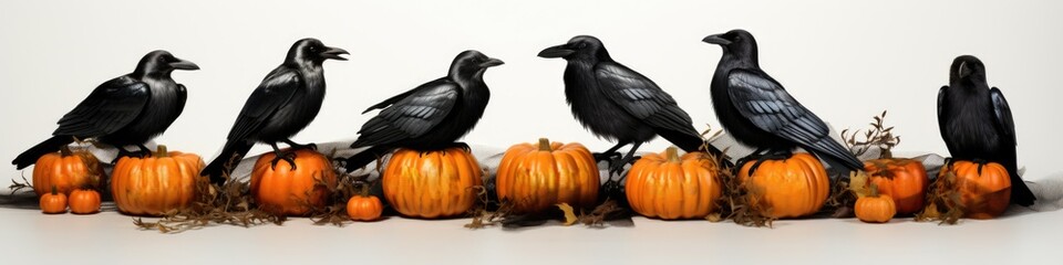 Fototapeta premium frame, border. Black Crows, Pumpkins, Helloween, festive garland. postcard pattern. Decoration.