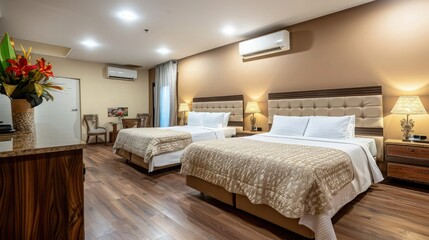 Hotel family bedroom with two double beds.