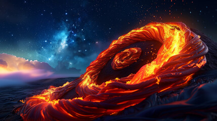 Molten lava in 3D spirals down a volcano against a star-filled sky backdrop.