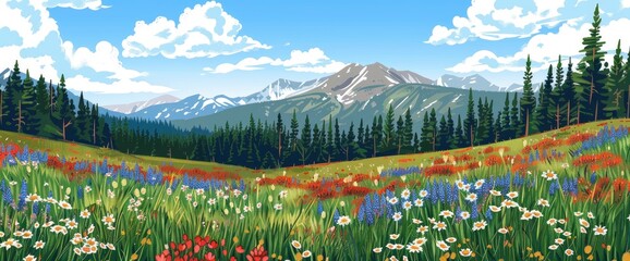 Create an illustration of the serene beauty of Lander, Montana with its picturesque mountains and vibrant meadows. Picture wildflowers in full bloom near Lake illustrative style - Powered by Adobe